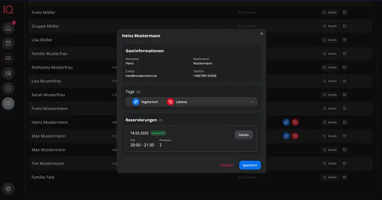 Gästeprofil-Ansicht mit Besuchshistorie, Tags und Notizen